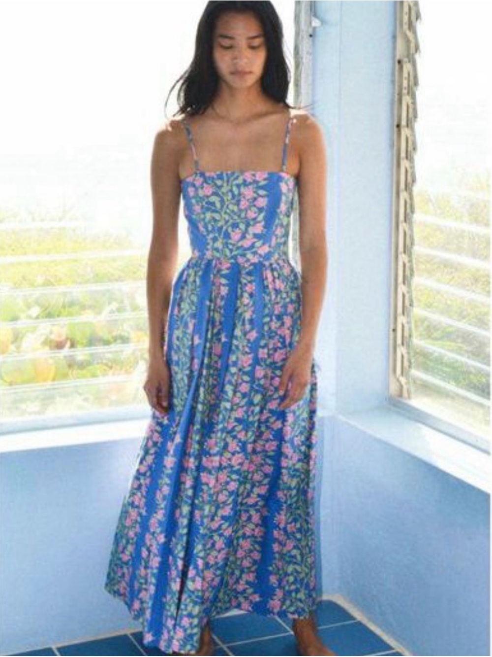 Coco Shop Skinny Strap Poof Blue Floral Midi Dress with Pink Accent